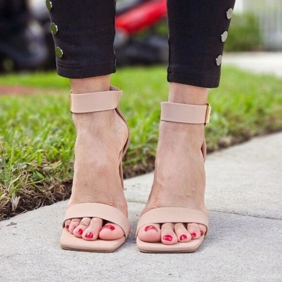 Women's Ankle Strap Block Heel Dress Sandals Nude Color - Picture 4 of 7